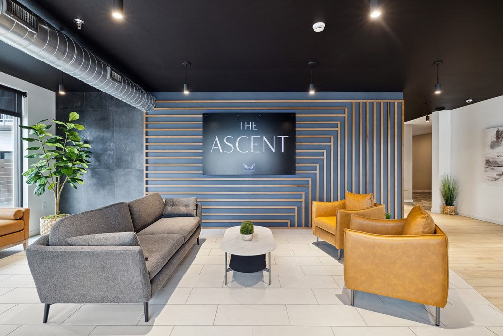 A modern waiting room with a grey sofa and leather armchair.