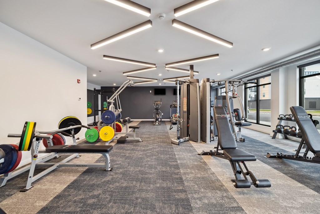 A gym with weights and benches for weight lifting