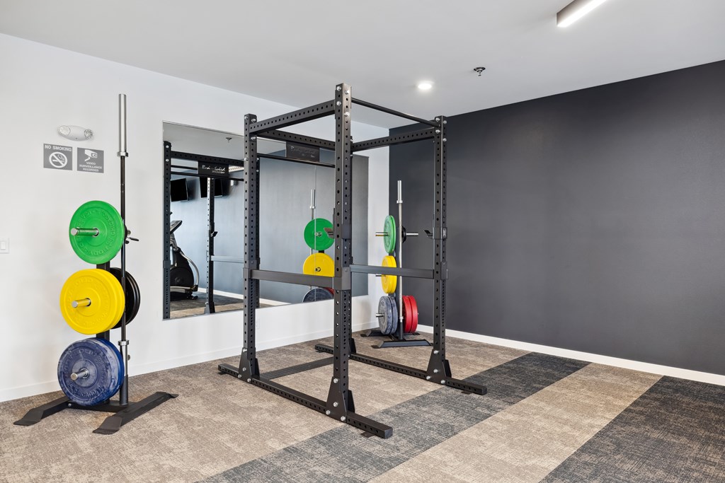 A gym with a weight lifting area.