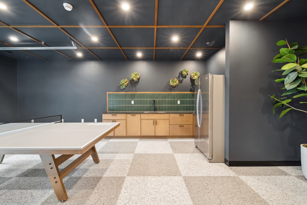 A room with a kitchenette