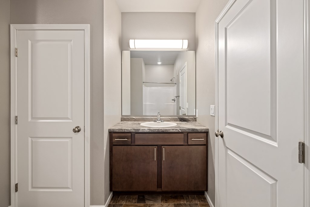 A bathroom with a sink and a mirror.