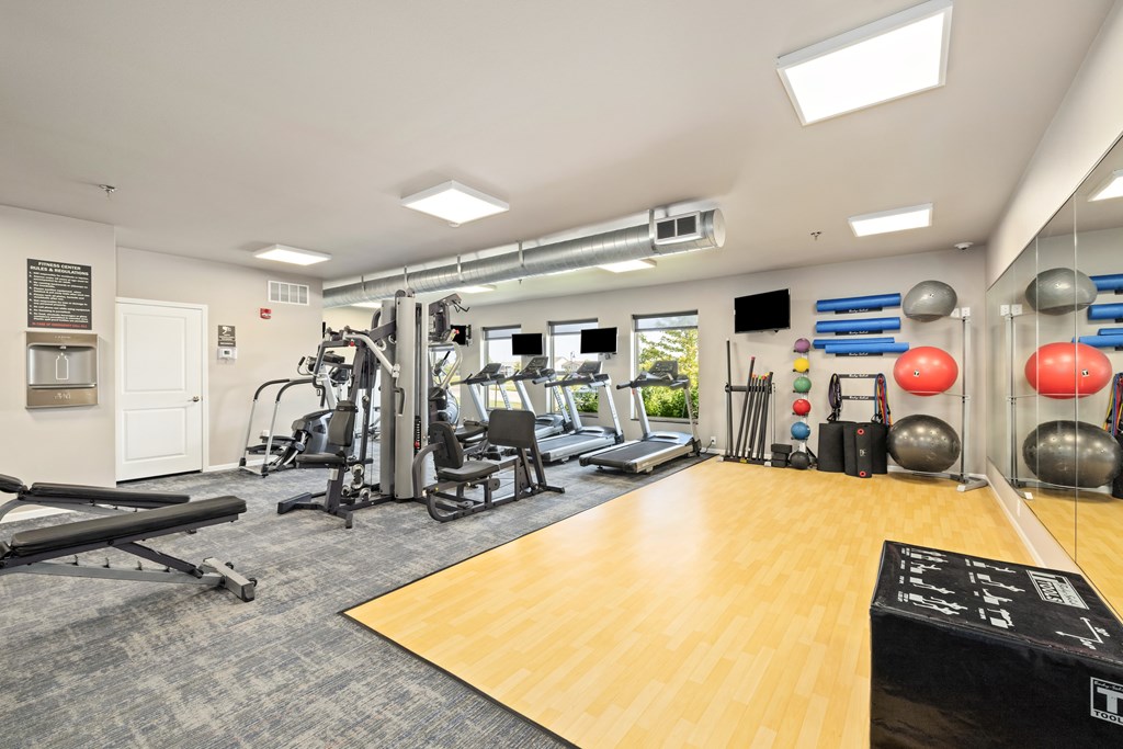 A gym with a variety of equipment including a treadmill, weights, and a bench press.