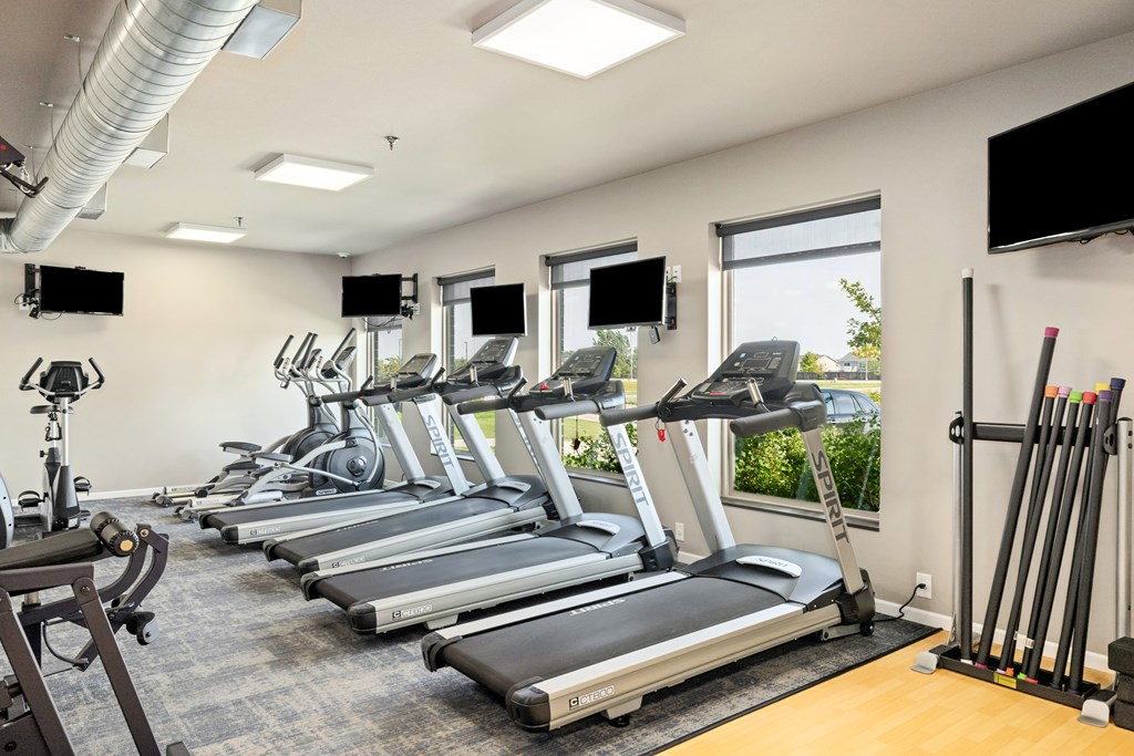 A gym with treadmills and exercise equipment.
