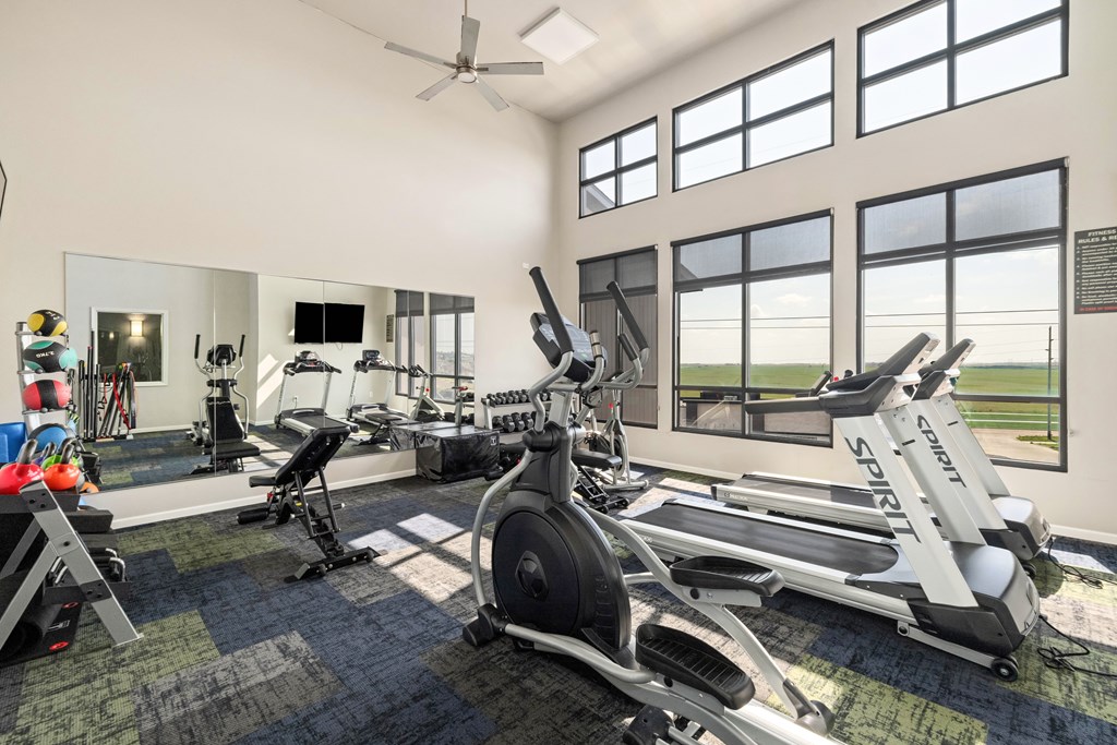 A room with a treadmill and other exercise equipment.