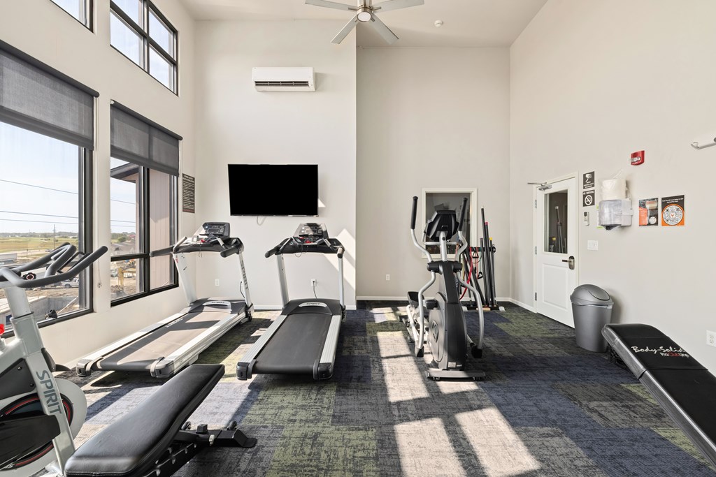 A well-equipped gym with treadmills, exercise bikes, and a television.