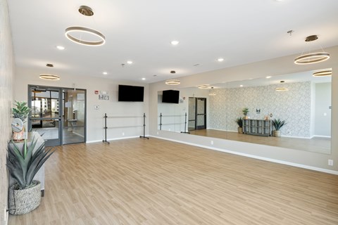 A spacious room with wooden flooring and a large mirror on the wall.