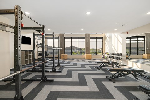A gym with a variety of equipment including weightlifting machines and a squat rack.