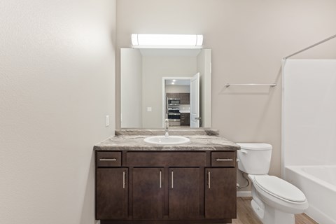 A bathroom with a sink, mirror, toilet and bathtub.