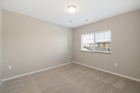 A room with a window and a carpeted floor.