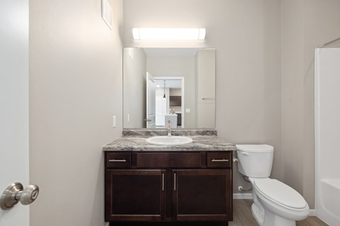 A bathroom with a sink, toilet, and mirror.
