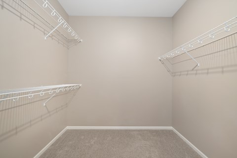 Empty room with white shelves and carpeted floor.