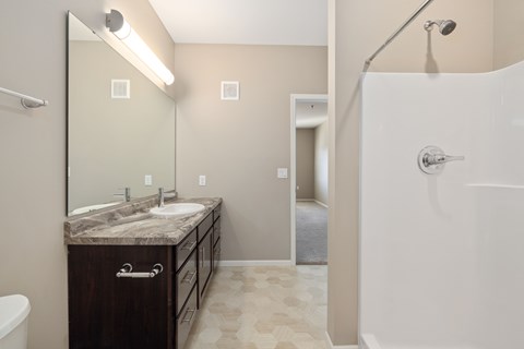 A bathroom with a marble countertop and a walk-in shower.