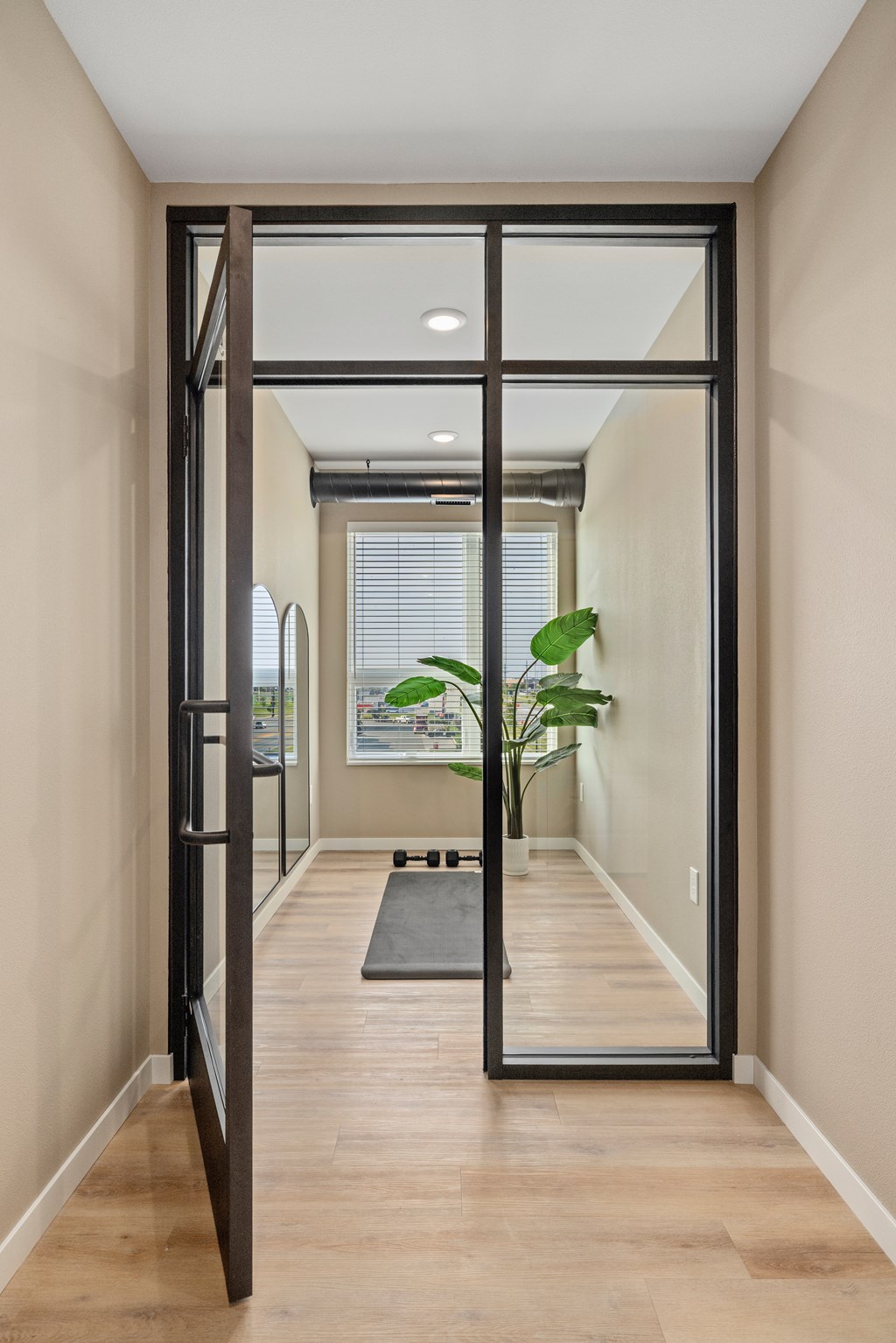 A modern hallway with a glass door leading to a balcony.