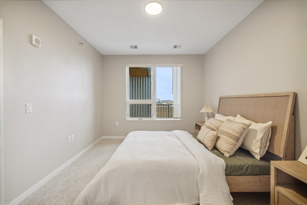 a bedroom with a large bed and a window