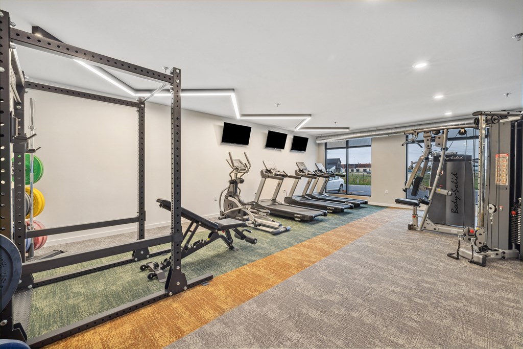 a gym with a row of weights machines and a wall of windows