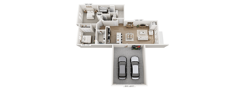 A floor plan of an apartment with two bedrooms, two bathrooms, and a garage for two cars.