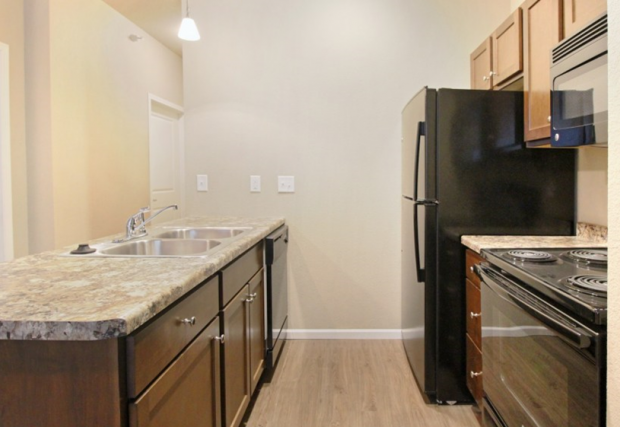 a kitchen with stainless steel appliances and marble counter tops and a black refrigerator
