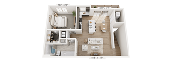 A floor plan of a two-bedroom apartment with a living room, kitchen, and bathroom.