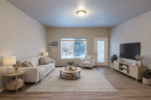 A living room with a couch, a chair, a coffee table, and a television.