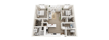 A floor plan of a two-bedroom apartment with a living room, kitchen, and bathroom.