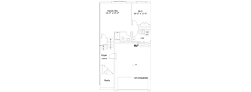 A drawing of a house floor plan with a garage and a porch.