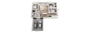A floor plan of an apartment with two bedrooms, two bathrooms, and a garage for two cars.