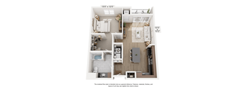 A floor plan of a small apartment with a kitchen, living room, and bathroom.