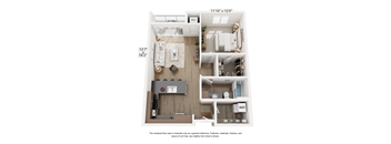 A floor plan of a small apartment with a kitchen, living room, and bathroom.