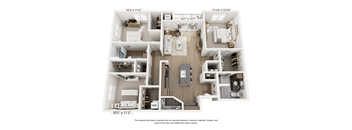 A floor plan of an apartment with a living room, kitchen, and two bedrooms.