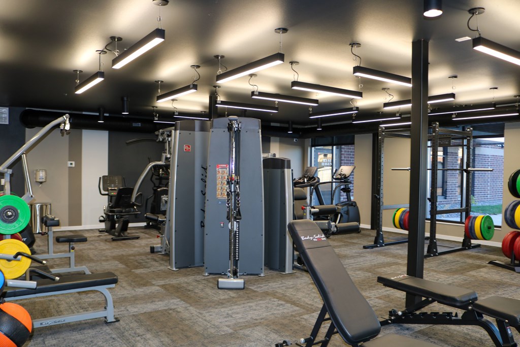 A gym with a variety of equipment including weights and weight machines.