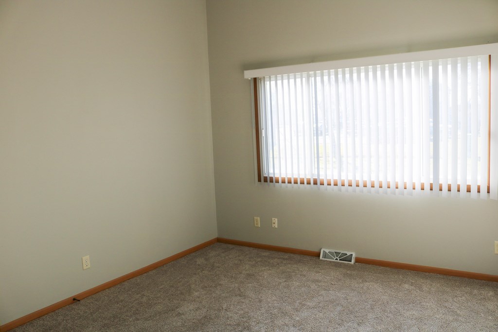 A room with a window covered by blinds and a carpet on the floor.