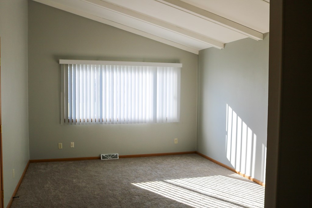 A room with a window covered by white blinds and a carpet on the floor.