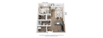 A floor plan of a small apartment with a kitchen, living room, and bathroom.