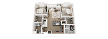 A floor plan of a two-bedroom apartment with a living room, kitchen, and bathrooms.