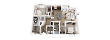 A floor plan of a two-bedroom apartment with a living room, kitchen, and bathrooms.