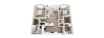 A floor plan of a two-bedroom apartment with a living room, kitchen, and bathroom.