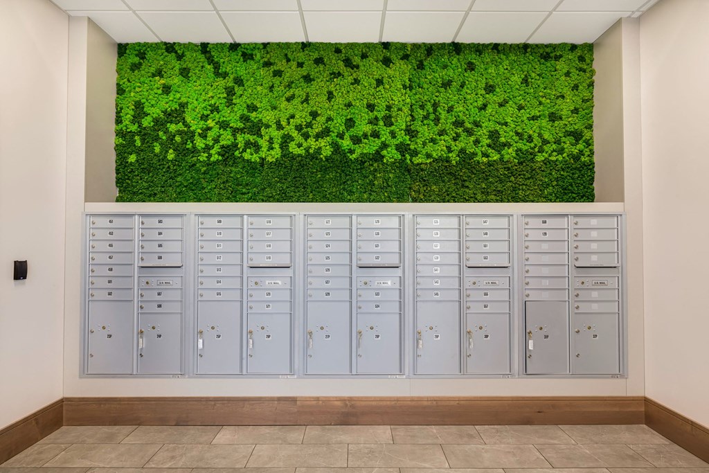 a locker room with white lockers and a green wall with plantsat Northern Lights a Lifestyle-Driven Community, West Fargo, ND