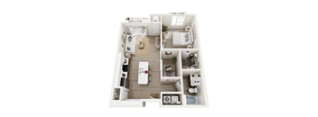 A floor plan of a small apartment with a kitchen, living room, and bathroom.