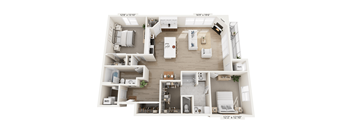 A floor plan of a small apartment with a kitchen, living room, and bathroom.