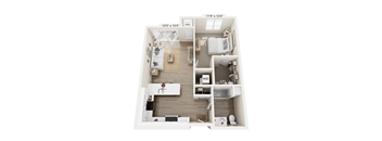 A floor plan of an apartment with a kitchen, living room, and bathroom.