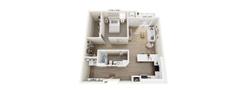 A floor plan of a small apartment with a bedroom, living room, and bathroom.