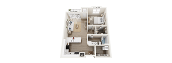 A floor plan of a small apartment with a kitchen, living room, and two bedrooms.