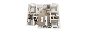 A floor plan of a two-bedroom apartment with a living room, kitchen, and bathroom.