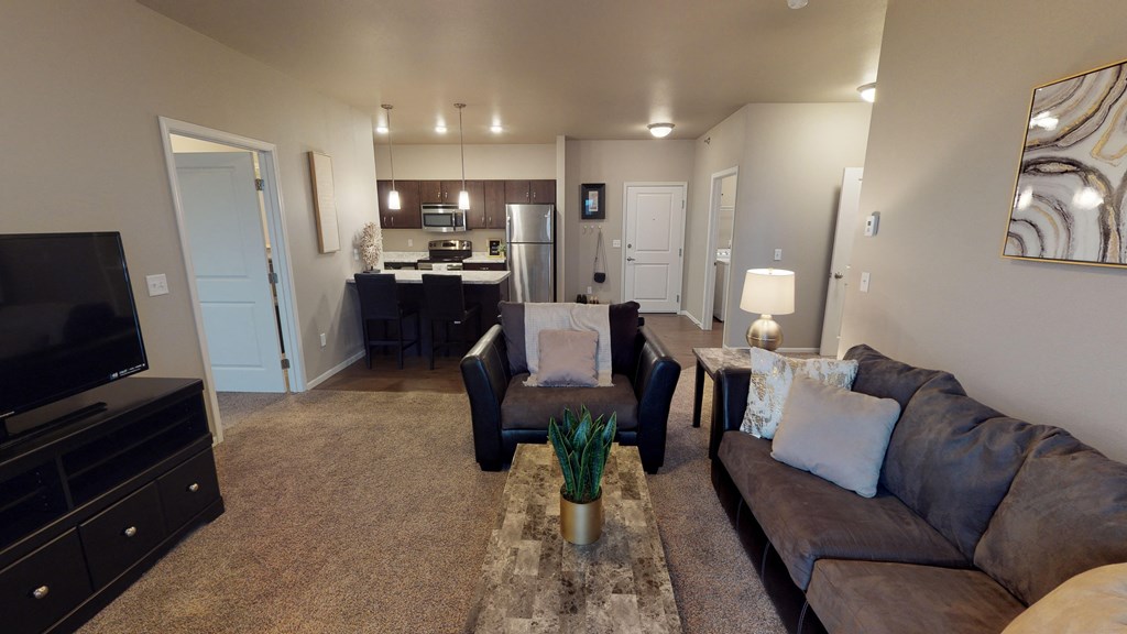 A living room with a brown couch and a television.