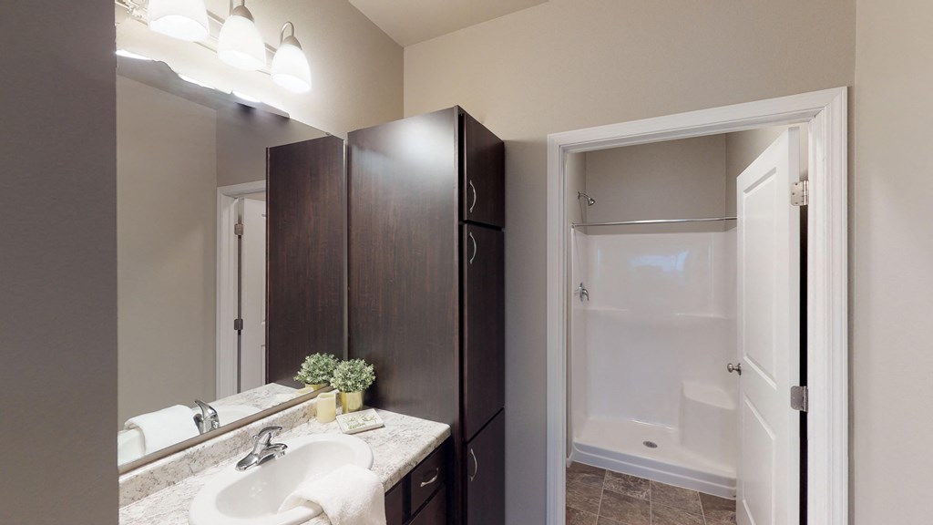 A bathroom with a sink, mirror, and shower.