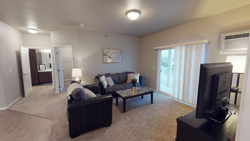 A living room with a black couch and a television.