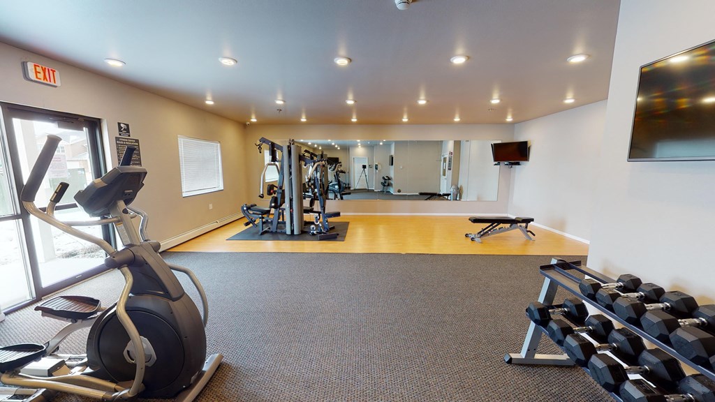 A gym with a row of treadmills, elliptical machines, and weights.