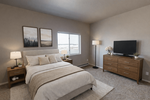 A bedroom with a large bed, a TV, and two framed pictures on the wall.
