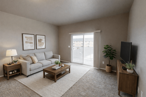 A living room with a grey couch, a wooden coffee table, a lamp, a potted plant, and a flat screen TV.