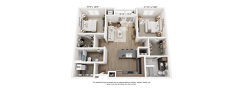 A floor plan of a two-bedroom apartment with a living room, kitchen, and bathrooms.